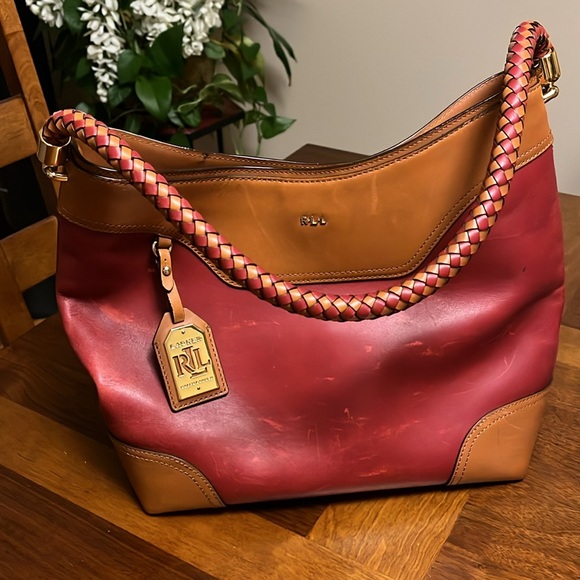 Ralph Lauren burgundy/ brown cow hide  Leather Hobo Bag, good preowned bag - Picture 14 of 17